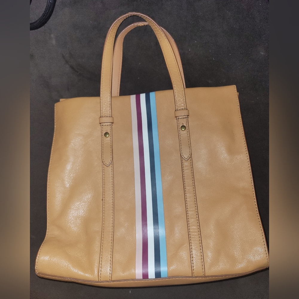 Fossil Kingston Tote Leather Purse Tan W/ Stripes